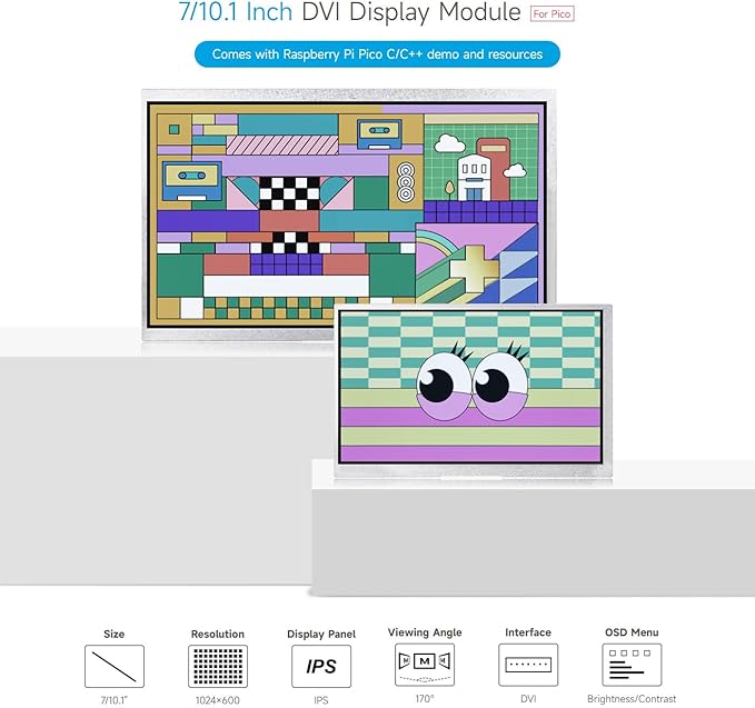 Waveshare 7inch DVI Display Module for Raspberry Pi Pico IPS Panel 1024×600 Pixel DVI Interface Communication