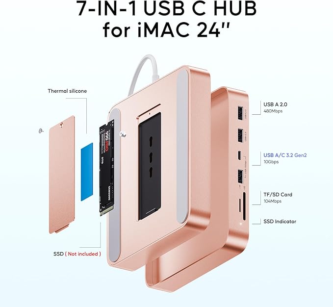 USB C HUB for iMac 24 inch 2021/2023/2024 USB Hub Adapter iMac Accessories for iMac M1/M3/M4 with USB C 10Gbps 3*USB A SD/TF Docking Station Support Expand M.2 SSD (Not Included) Orange
