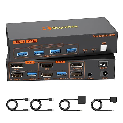4K Kvm Switch 2 Monitors 2 Computers 4K@60Hz HDMI Displayport Dual Monitor KVM Switches 2 Ports for 2 PC Share Mouse Keyboard and 2 Screens with USB 3.0 Cables and Extended Controller