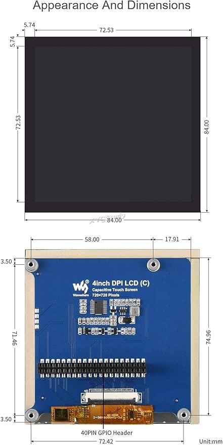 4inch Square IPS Display Capacitive Touch Screen LCD (C) DPI Interface Resolution 720×720 Low Power Solution for Raspberry Pi 4B/3B+/Zero W etc