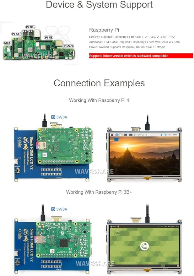 waveshare TOP1 5 inch Resistive Touch Screen LCD 800×480 Pixels HDMI Display Port 5 TFT LCD Panel Monitor Supports Raspberry Pi 4B/3B+/3A+/3B SPI Touch Port