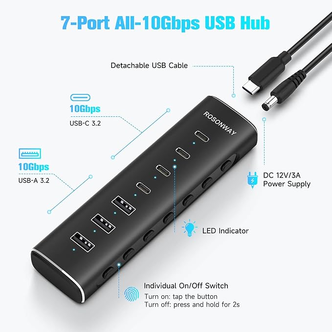 Rosonway 7 Ports Powered USB 3.2/USB C Hub 10Gbps with 4 USB-C 3.2 3 USB-A 3.2 Ports 3.3ft Cable and 36W(12V/3A) Power Adapter Aluminum USB Splitter for Laptop RSH-H7C4