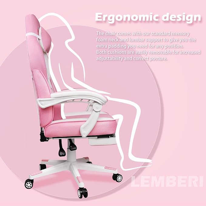 LEMBERI Pink Gaming Chair with footrest Kawaii Cute Pink Gamer Chair for GirlGirls Video Game ChairsComputer Gaming Chair with Headrest and Lumbar Support