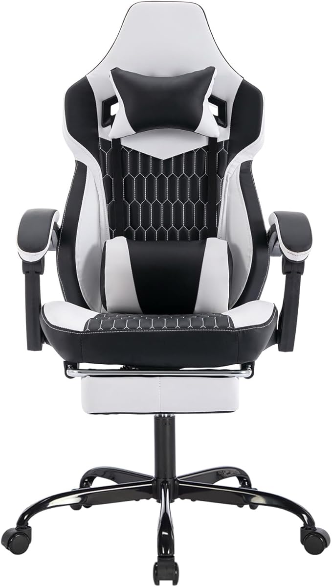 Ergonomic Gaming Chair with Footrest Black and White Gaming Chair for Adults Girls Women Video Game Chairs with Wheels &amp Lumbar Support 300 LBS Capacity (Black+White)