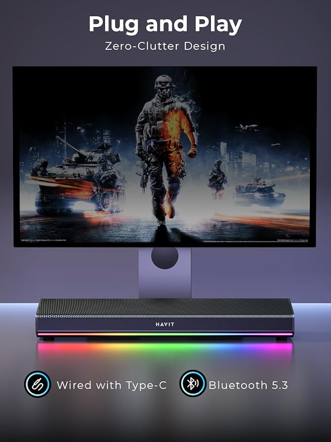havit Computer Speakers for Desktop PC Bluetooth 5.3 Pc Soundbar with Dynamic LED Light HiFi Stereo Poratble Bluetooth Speaker Gaming Speakers for PC LaptopTablet