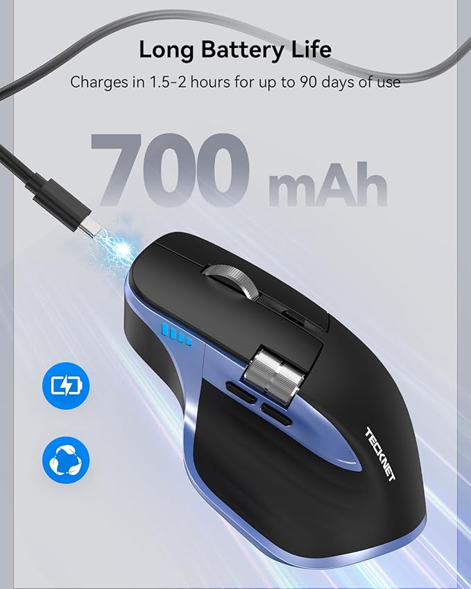 TECKNET Wireless Mouse Bluetooth Mouse (BT5.3/5.0 &amp 2.4G) Rechargeable Ergonomic Optical Mouse with 6 Adjustable DPI Side Scroll USB A Receiver 7 Buttons Wide Compatibility - Black &amp Blue