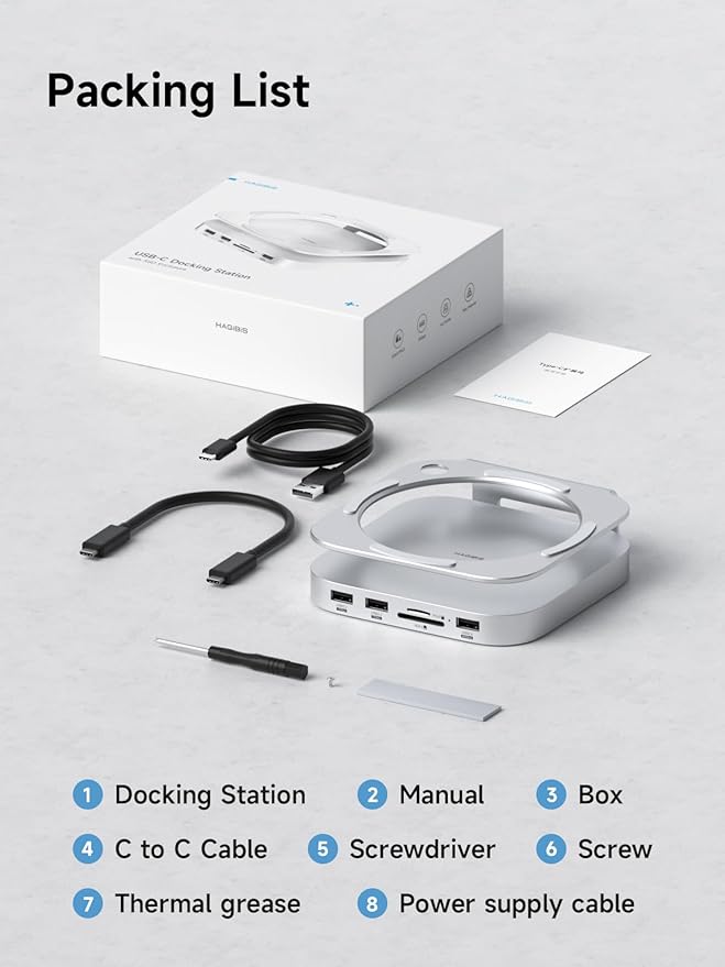 Hagibis Mac mini M4 Hub &amp Stand with SSD Enclosure 3 in 1 USB Type-C Docking Station with M.2 NVMe SSD Case 4K@60Hz HDMI 10Gbps USB3.2 Gen2 SD4.0 TF4.0 5V/2A Power Supply for M4 Pro (MC60H)