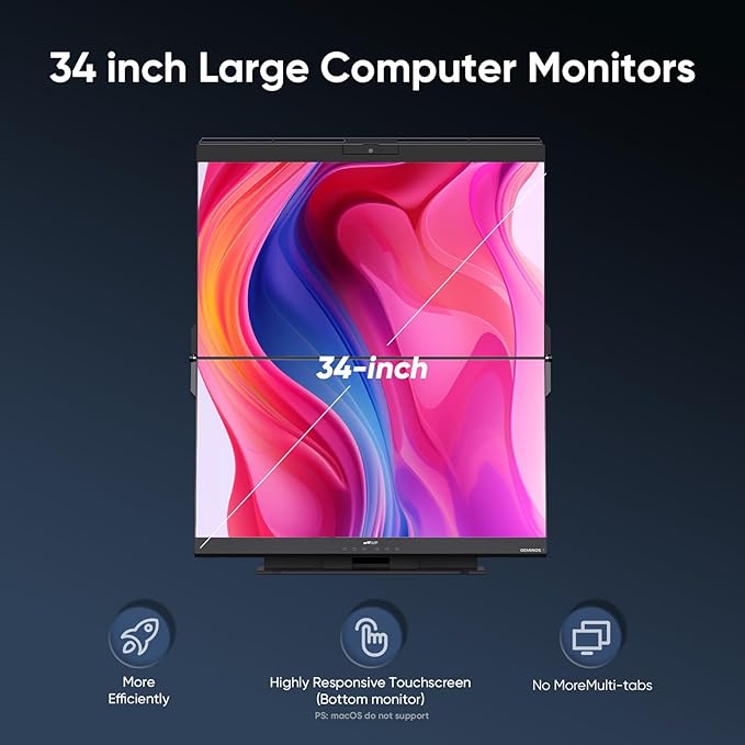 MP Mobile Pixels Geminos X (2 x 24 inch) Dual Stacked Computer Monitor All-Inclusive Workstation 65W USB-C Charging 2K Bottom Touchscreen 1080P Webcam&ampSpeakers USB-A/USB-C/HDMI (Renewed)