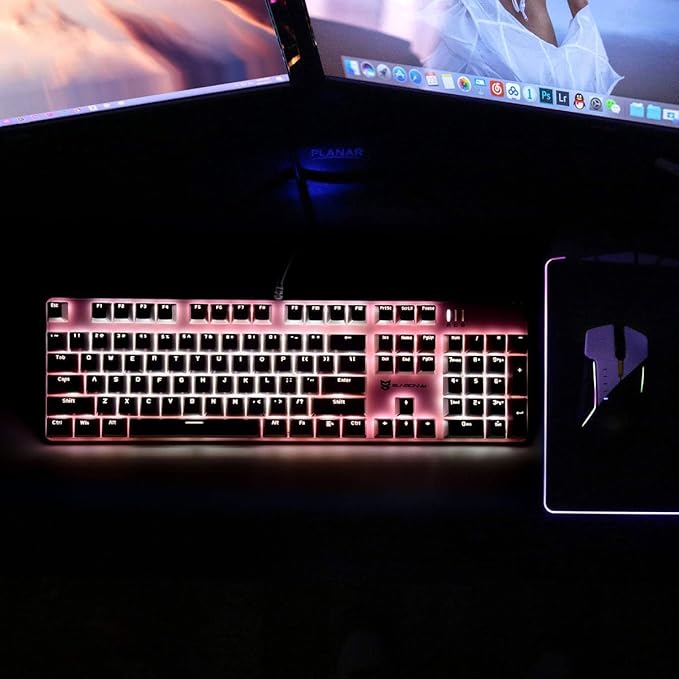 Qisan 104 Mechanical Keyboard for Gaming | Large Size USB White Backlit Gaming Keyboard Wired | US Layout Brown Switches Hot Swappable Mechanical Clicky Keyboards Compatible with PC &amp Laptop