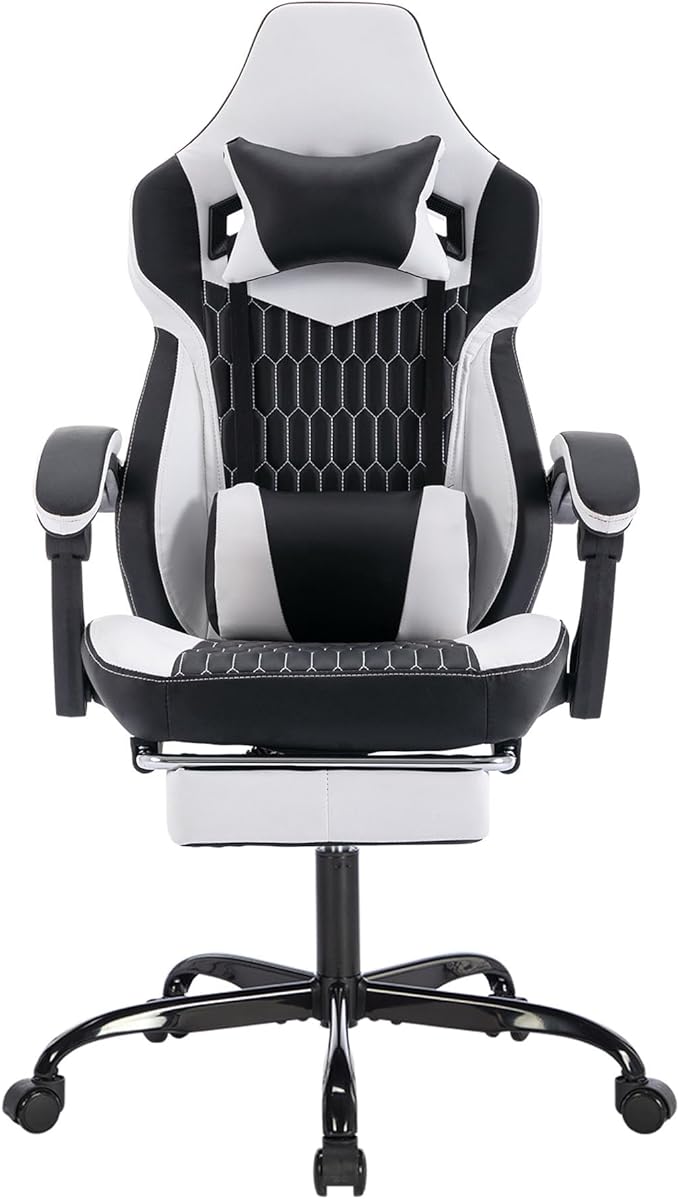 Black White Gaming Chairs with Footrest PVC Leather Video Game Chair for Adults Ergonomic Gaming Chair with Headrest &amp Lumbar Support Reclining Gamer Chairs with Adjustable Backrest (Black Whit