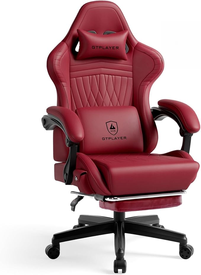 GTPLAYER Gaming Chair for Adults Ergonomic Video Game Chairs Footrest &amp Linkage Armrest Reclining High Back Silla Gamer with Speakers for Home Office Ace Pro Wine Red