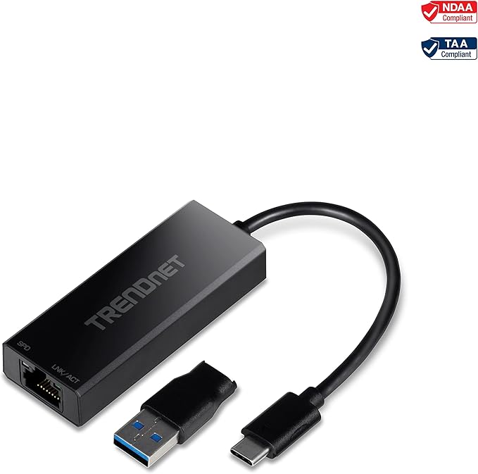 TRENDnet USB-C 3.1 to 2.5GBASE-T Ethernet Adapter TUC-ET2G NDAA &amp TAA Compliant Windows &amp Mac Compatible USB Type-C to USB-A Converter Included Up to 2.5Gbps Speeds Black