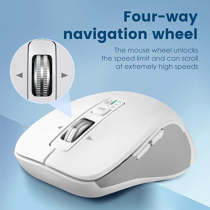 Wireless Bluetooth Mouse (USB + BT1 + BT2) Full Size 4-Way Scrolling Multi-Device Silent Mouse for Computer Laptop iPad MacBook (White)