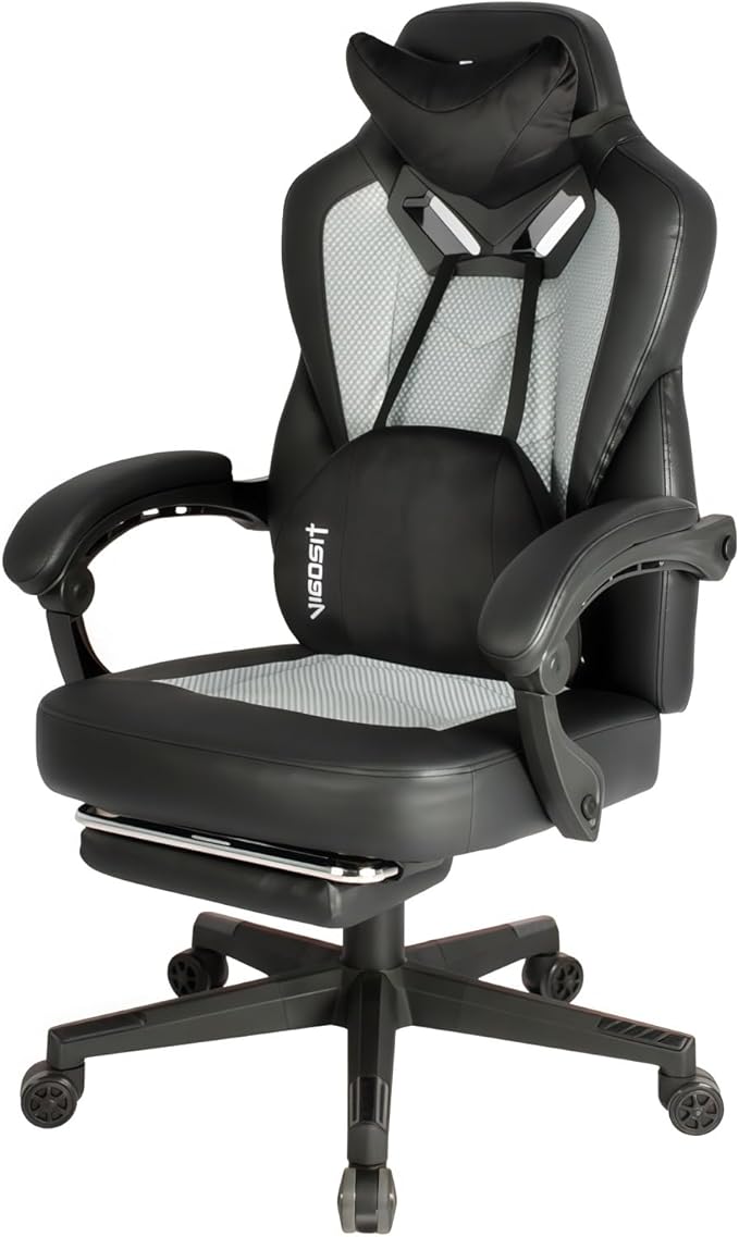 Gaming Chair PRO Ergonomic Gaming Chairs for Adults Heavy People Massage Reclining Office Desk Computer Chair with Footrest and Lumbar Support Big Tall Mesh Gamer Chair with Cushion (Grey)
