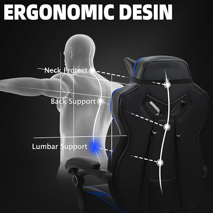 Vonesse Gaming Chair Big and Tall Gaming Chair with Footrest and Massage Gaming Chairs for Adults with Lumbar Support Ergonomic High Back Computer Chair with Pocket Spring Cushion (Black/Blue)