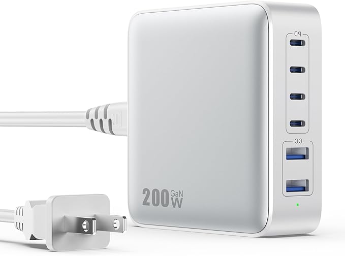 USB C Charger Block 200W[2025 Upgraded] GaN III 6 Port Fast Charging Station HubPD 65W USB C Laptop Charger Compatible with MacBook Pro/AiriPadiPhone 16/15Galaxy S23/S24 Steam Deck Dell XPS etc