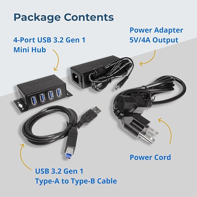 Coolgear 3.2 Gen 1 USB Hub - 4 Port USB Hub with 5Gbps Data Transfers Mountable Metal Housing 5V Power Adapter ESD Surge Protection Bus or Self Powered