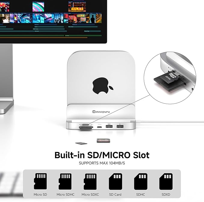 Minisopuru MINI218B MAX Mac mini M4 Dock with 4K@60 HDMI 8TB M.2 NVMe SSD Enclosure10Gbps USB C/A Mac mini M4 Hub TF&amp SD 2X USB A 2.0 Audio Aluminum Vertical Stand for Mac mini M4/M4 Pro 202