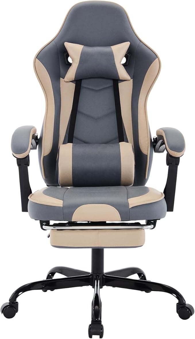 Rainbow Home Void Gaming Chair with Headrest and Pillows Ergonomic High Back Office Chair with Adjustable Lumbar Support for Adults Reclining Computer Desk Chair (Beige+Blue)