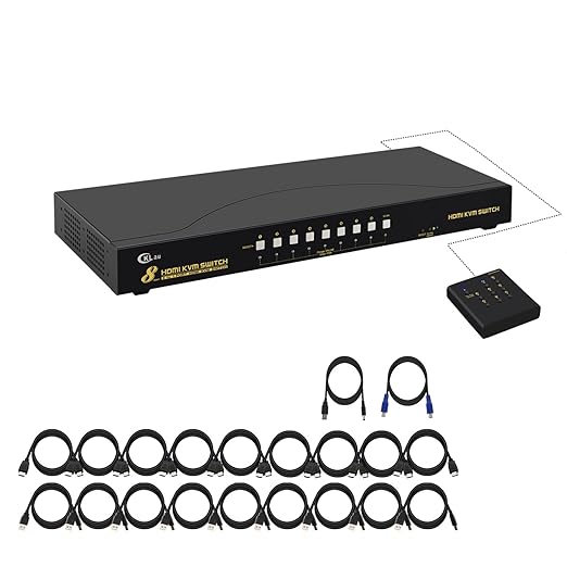 CKLau 4Kx2K 8 Port HDMI KVM Switch with Cables and USB 2.0 Hub Rack Mount KVM Switch Supports Keyboard Mouse Switching for Windows Linux Mac Debian Ubuntu Fedora Raspberry Pi and Ubuntu