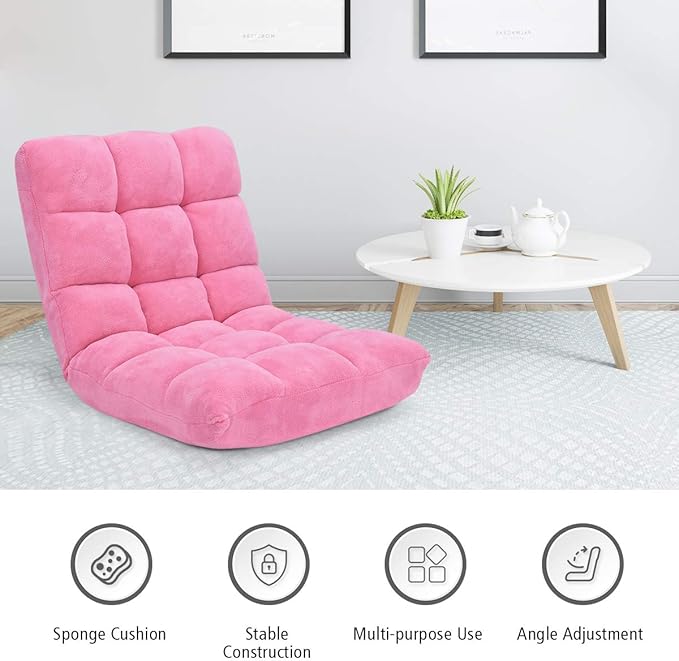 GOFLAME 14-Position Folding Floor Chair Padded Gaming Lazy Sofa Chair with Adjustable Backrest Couch Recliner Sleeper Bed Lounge Chair for Reading Gaming Meditating (Pink)