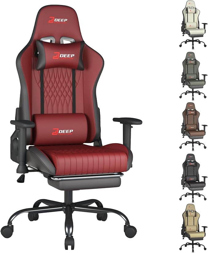 Video Game Chair with Footrest Ergonomic Comfortable Gaming Office Chair Height-Adjustable with a 360° Swivel Base and Headrest(1002-Red)