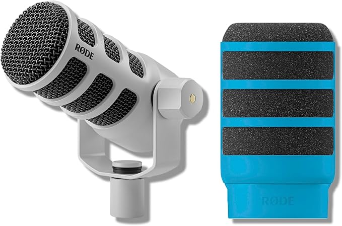 Rode PodMic (White) Cardioid Dynamic Broadcast Microphone with WS14 PodMic Pop Filter - Blue