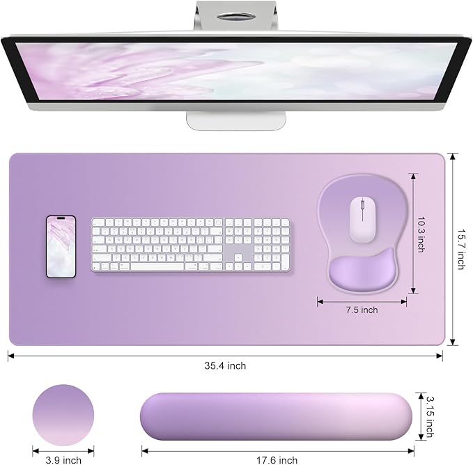 4-in-1 Large Gaming Mouse Pad Keyboard Wrist Rest Pad &amp Wrist Support Mousepad Set Extended Desk Pad Waterproof Desk Mat for Home Office Decor Study Game 35.4×15.7 Inches I Purple Pink Lavender