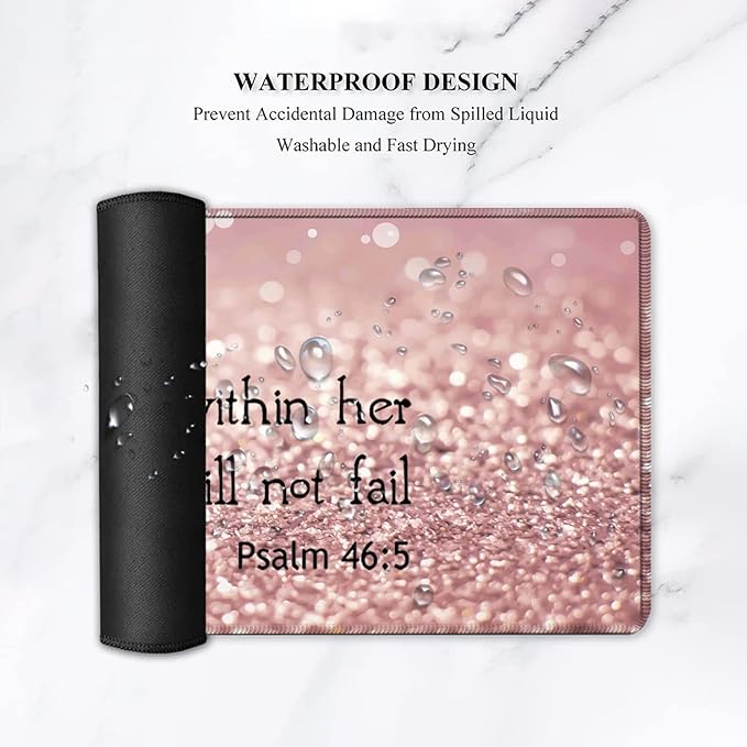 Large Gaming Mouse PadExtended Office Desk MatWaterproof Desk Writing Pad for Office/Home Ergonomic Mouse &ampKeyboard Wrist RestPsalm 46:5 Pattern Laptop Desk Pad Pink Mousepad Wrist Support