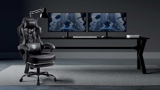 Vonesse Gaming Chair High Back Office Chair with Footrest and Massage Gaming Chairs for Adults with Pocket Spring Cushion Big and Tall Reclining Computer Chair with Lumbar Support (Classic Black)