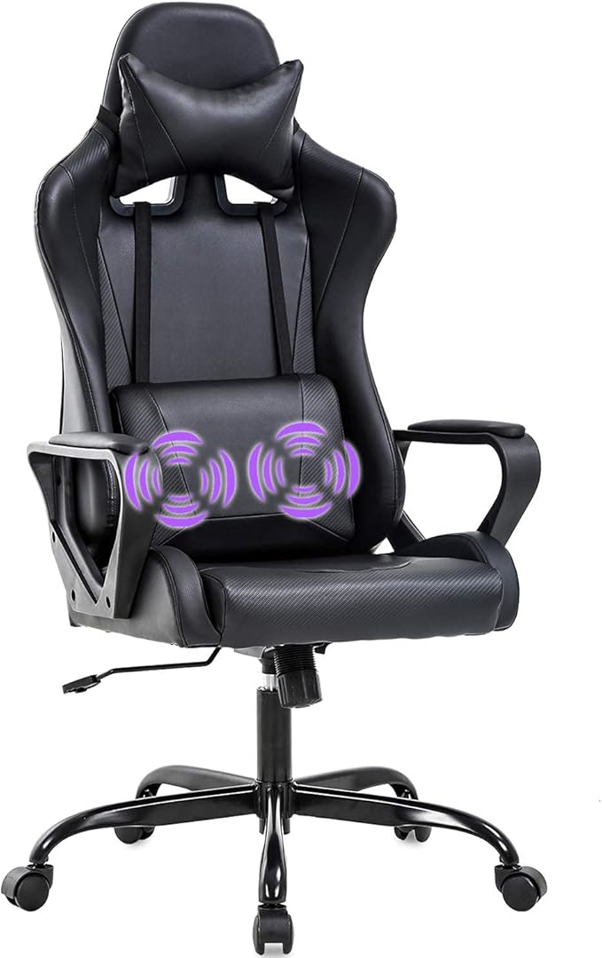 Gaming Chair Ergonomic Office Chair Massage Computer Chair High Back Racing Video Game Chair with Adjustable Armrest and Headrest Lumbar Pillow Swivel Rocking Executive Task Chair Black