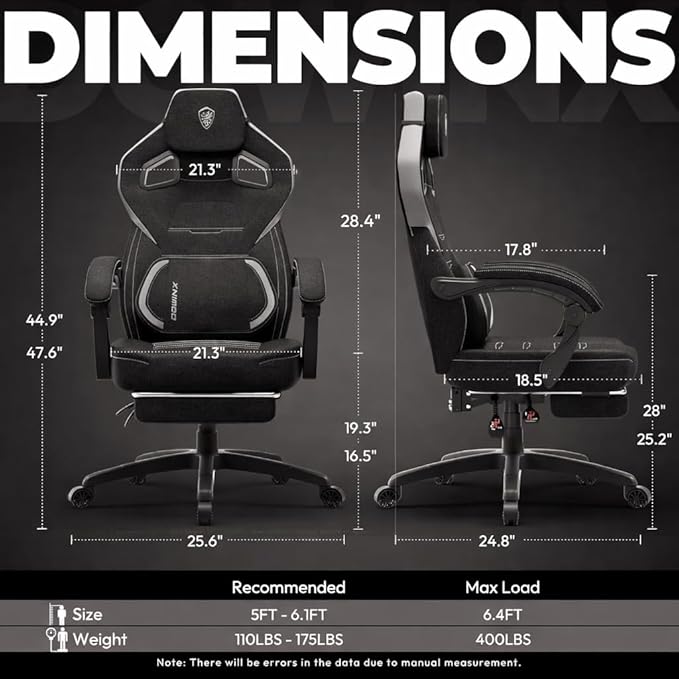 Dowinx Fabric Gaming Chair with Footrest Big and Tall Ergonomic Gamer Chair with Lumbar Support Wide Back Computer Chair for Heavy People Black