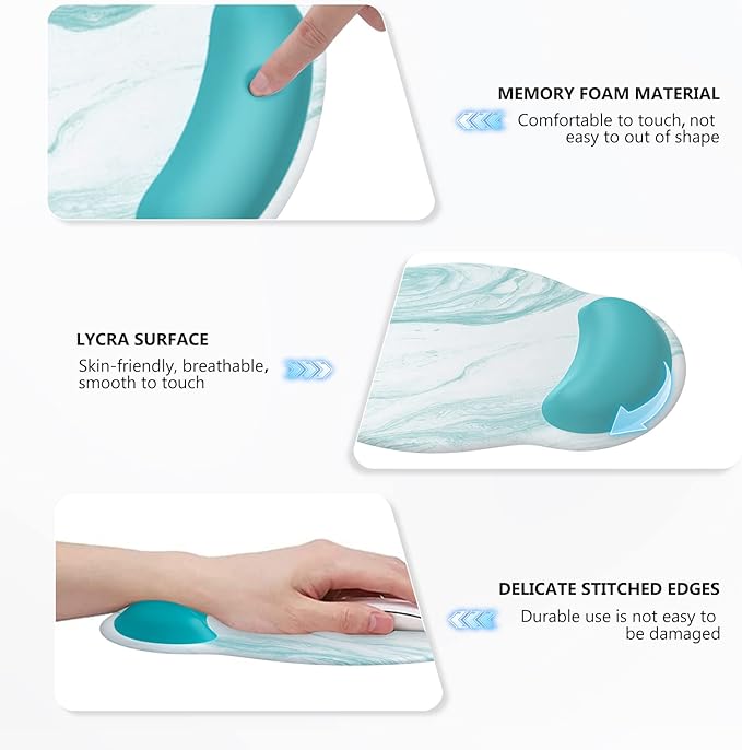 iLeadon Keyboard Mouse Pad Set Large Gaming Mouse Pad + Keyboard Wrist Rest + Mouse Pad with Wrist Support + Coaster Easy Typing Pain Relief 4in1 Desk Mat Set for Home Office Teal Turqoise Marble