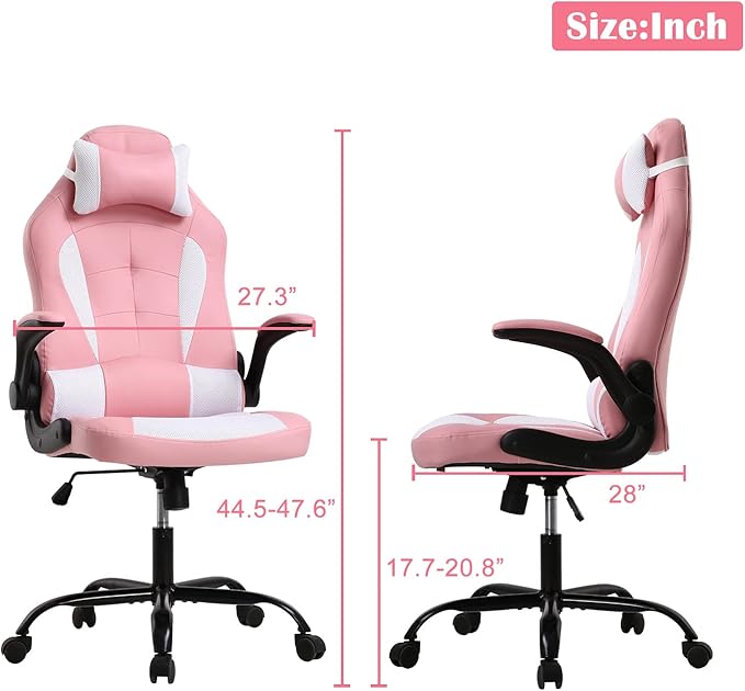 PC Gaming Chair Ergonomic Office Chair High Back Computer Chair with Lumbar Support&amp Headrest Adjustable PU Leather Desk Chair Racing Task Rolling Swivel Executive Chair for Women Pink