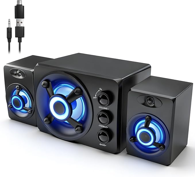 D-208 Computer Speakers with Subwoofer 2.1 Hi-Fi PC Speakers System with RGB Lighting  Enhanced Bass Plug and Play USB/USB-C Powered and 3.5mm Aux in for Desktop Monitor Laptop Tablet (Black)