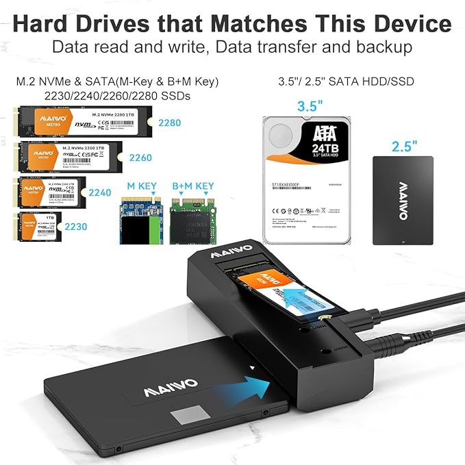 MAIWO NVMe SATA M.2 to SATA 2.5'' 3.5'' Hard Drive Enclosure USB-C 10Gbps Hard Drive Reader Tool Free PCIe NVMe NGFF SATA&ampM.2 Adapter Converter Supports Any Sizes M.2 &amp 2.5''/3.5''