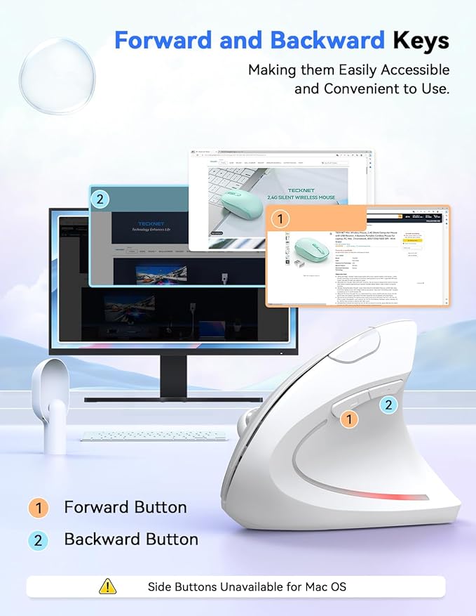 TECKNET Ergonomic Mouse 4800 DPI Wireless Vertical Mouse with 5 Adjustable DPI Levels 6 Buttons 2.4GHz Optical Carpal Tunnel Mouse for Laptop Desktop PC MacBook - White