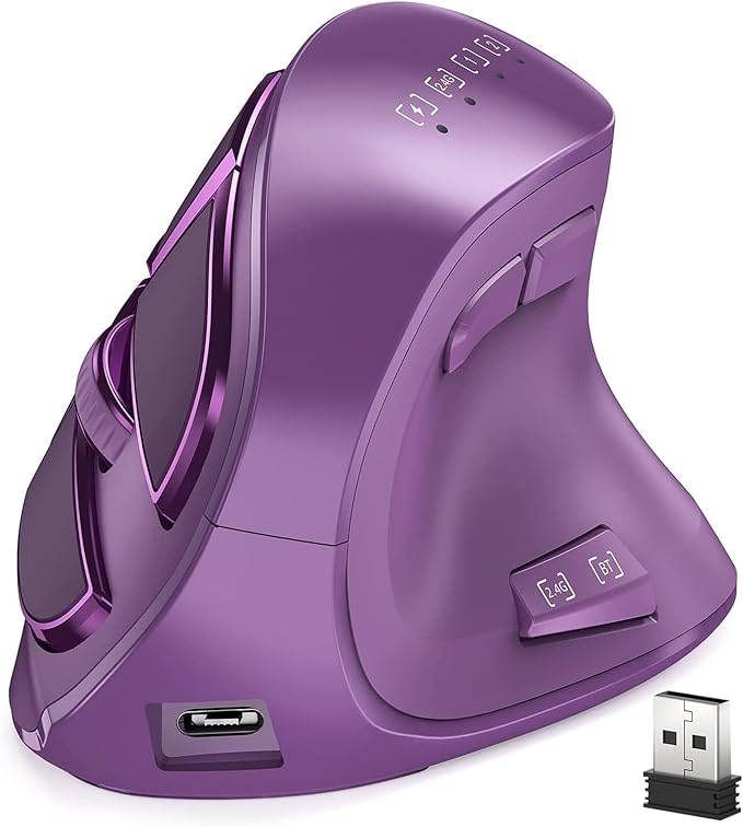 Vertical Mouse Wireless Ergonomic Optical Mouse (BT 5.0 + Bluetooth 3.0 + USB Connection) with 9 Buttons Rechargeable Computer Mouse for Wins PC/Laptop Mac (Purple)