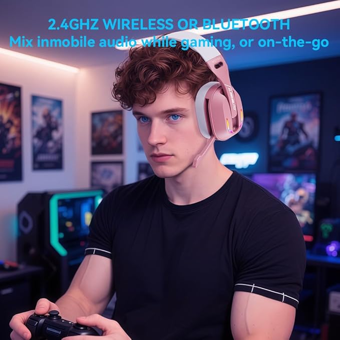 2.4GHz Wireless Gaming Headset for PC PS5 PS4 Switch - Bluetooth 5.4 20H Battery with ENC Noise Canceling Microphone Cool Lighting 40mm Driversfor Wired Mode Xbox Series -Rose Gold
