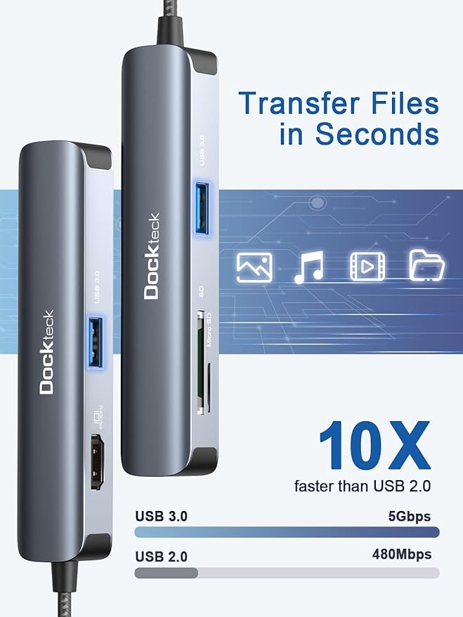 USB C Hub Multiport Adapter dockteck 5-in-1 USB-C Hub with 4K 30Hz HDMI SD/TF Card Slots 2* USB 3.0 5Gbps Data Ports for MacBook Pro MacBook Air iPad Pro XPS