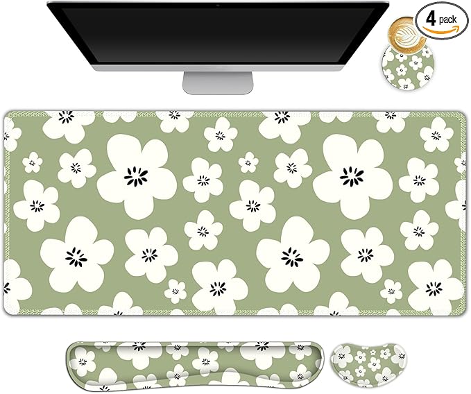 Large Gaming Mouse Pad Set 4 in1 Ergonomics Keyboard Desk Mat w/Memory Foam Wrist Rest Computer Extended Game Mousepad Non-Slip Desk Matt Pad Easy Typing Pain Relief I Green Lucky Florals