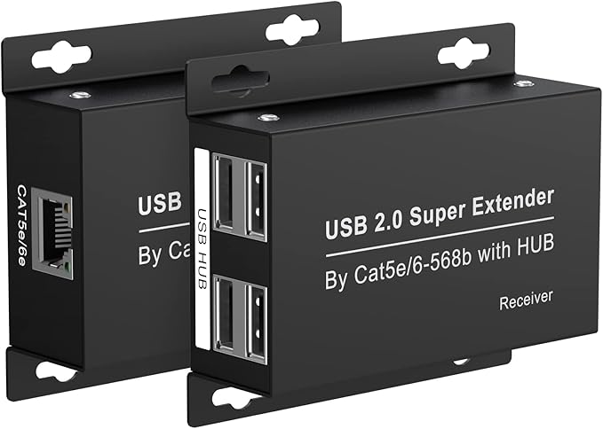 USB Extender Over Ethernet 200ft USB2.0 HUB RJ45 Cat5e 6 up to 480Mbps with Power Adapter 2 Cameras Work in Sync Support Windows MacOS Android Linux