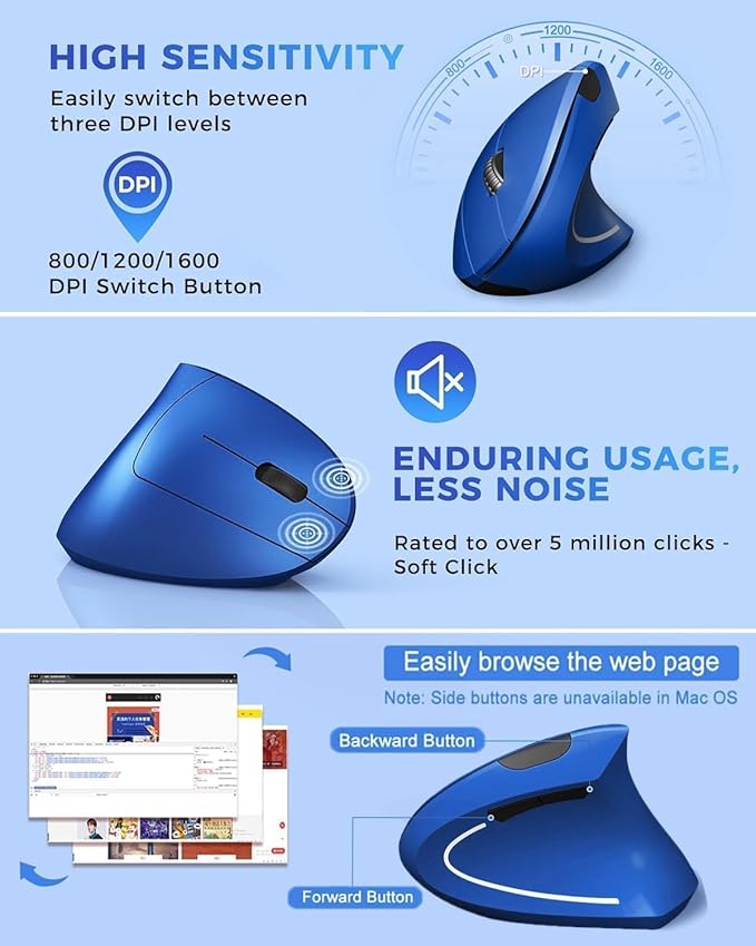 Ergonomic Mouse Wireless Rechargeable Mouse Silent for Carpal Tunnel Right Hand 2.4GHz USB Vertical Mouse Wireless for Laptop etc 3 Adjustable 800/1200/1600 DPI Blue