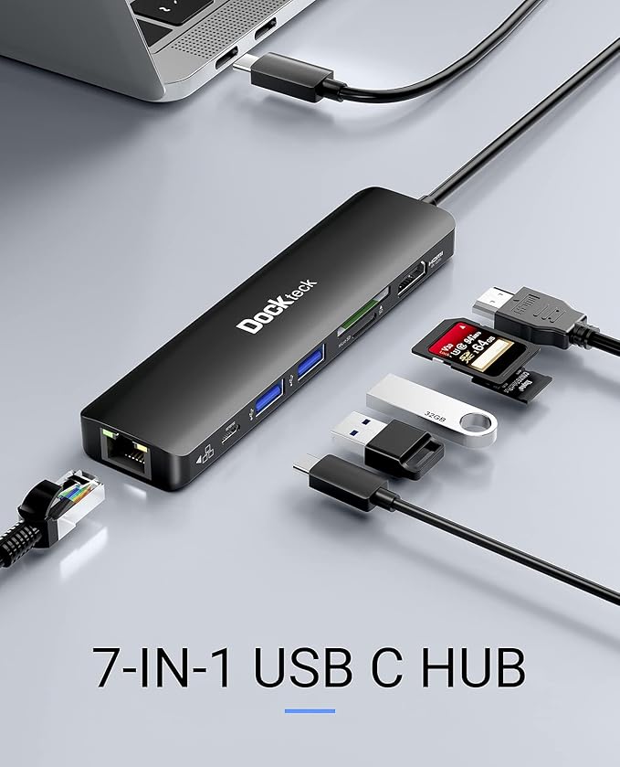USB C Hub 4K 60Hz Dockteck 7-in-1 USB C PD Ethernet Hub Dongle with 4K 60Hz HDMI 1Gbps Ethernet 100W PD 2 USB 3.0 SD/Micro SD for MacBook Air/Pro M1 2020 iPad Pro 2021 iPad mini 6 and More