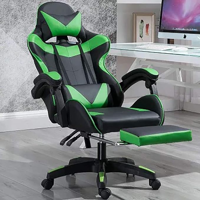 Gaming Chair with Footrest Game Seat Internet Cafe Competitive Office Computer Chair Home Recliner Adjustable Chair Headrest and Lumbar Support E-Sports Swivel ChairGreen