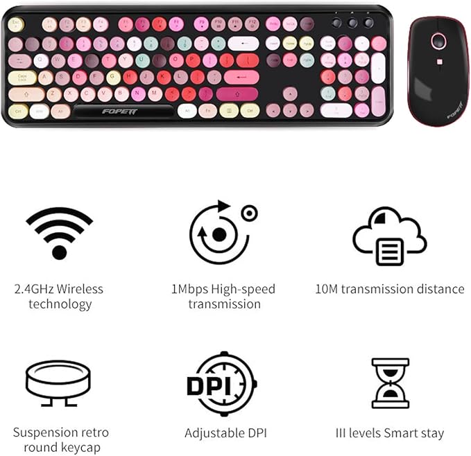 Wireless Keyboard and Mouse Combo 2.4 GHz Full-Sized Typewriter Keyboard and Mouse Wireless with Round Keycaps for Windows Computer Desktop PC Laptop (New BlackColorful)