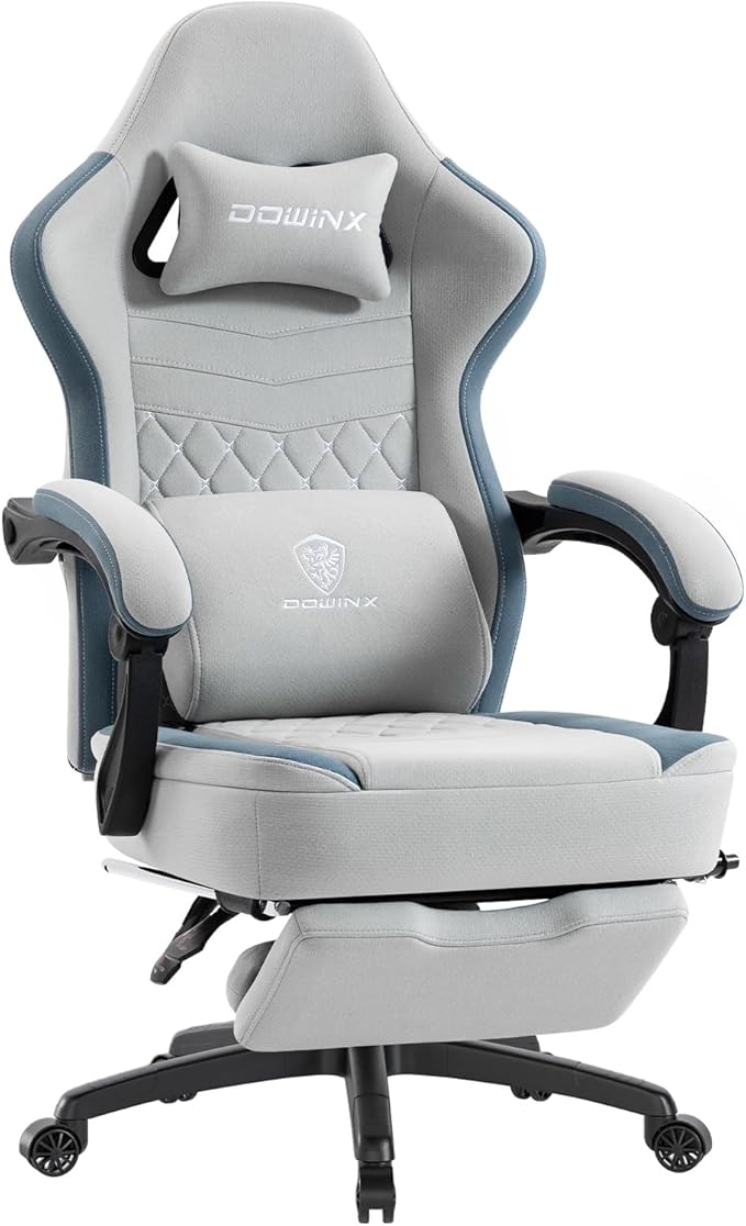 Dowinx Gaming Chair Breathable Fabric Game Chair with Gel Pad and Storage Bag Comfortable Gamer Chair with Pocket Spring Cushion Ergonomic Computer Chair with Footrest Grey and Blue
