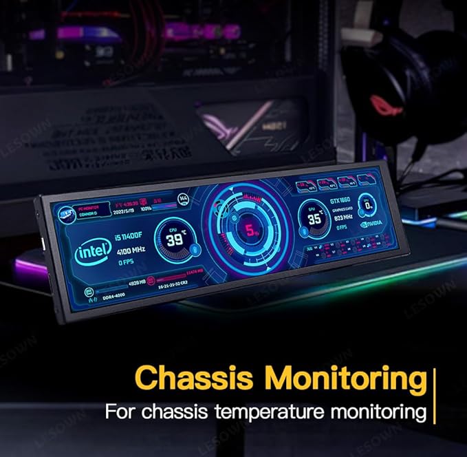 8.8 inch Monitor PC Case Temperature Display mini Ultra Wide Secondary Screen Long Stretched Bar Display AIDA64 PC Sensor Panel 1920x480 Small Temp Monitor for RPi CPU Monitoring