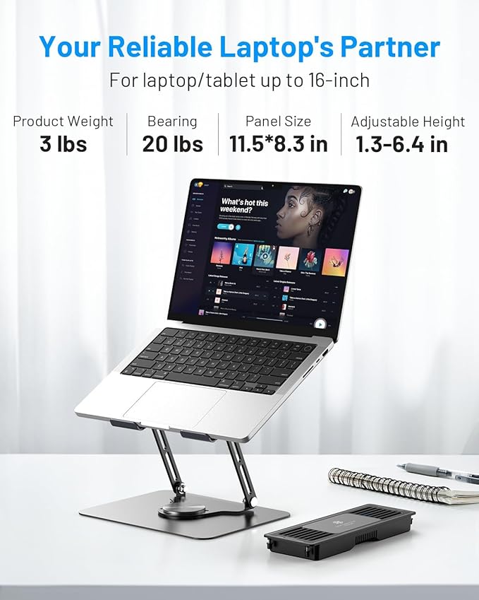 Laptop Cooling Pad with Detachable Fan &amp Thermoelectric Cooler Adjustable Height &amp Angle 360 Rotation Base Carbon Steel Framework Ultra-Quiet &amp Super Sturdy for up to 15.6” Laptop
