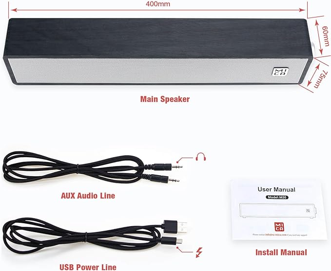 MICA Computer Speakers Vintage Wired Computer Sound Bar Retro Wooden Mini Soundbar 3.5mm Aux Connection USB Powered PC Speakers for Desktop Monitor Laptop Tablets (Black)